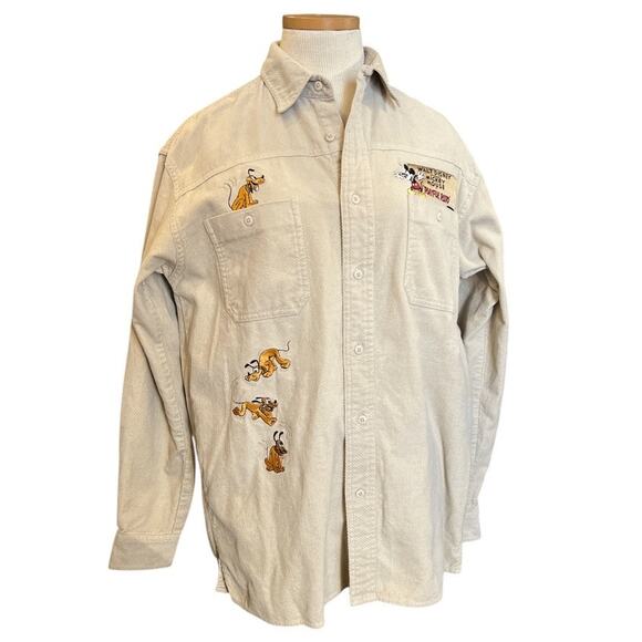 VTG Disney Store Mickey Mouse Playful Pluto Corduroy Shirt Sz S Oversized Cream - Picture 1 of 11